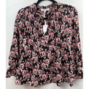 Rose & Olive Top Women's Black Floral Long Sleeve V-Neck Blouse Size Small